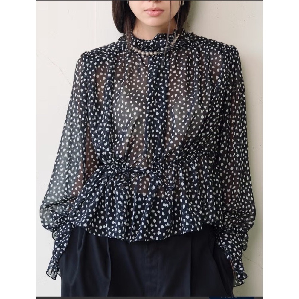 CURE‎ Sheer Polka Dot Blouse Womens XL Black/White Shirred Neck & Cuffs